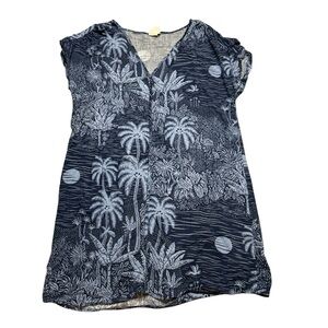 Desmond Dempsey H&M Short Sleeve Linen Blend Dress V-Neck Hawaiian Floral Blue M